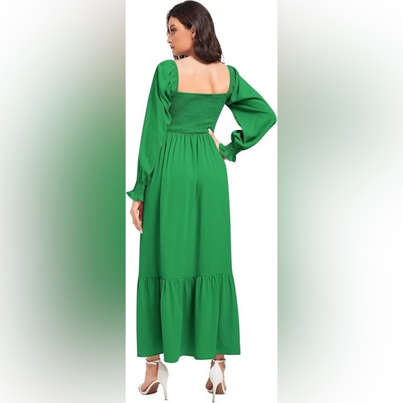 Women’s Square Neck Flounce Shirred Ruffle Hem Long Sleeve Maxi Dress Green Sz M - Picture 2 of 10